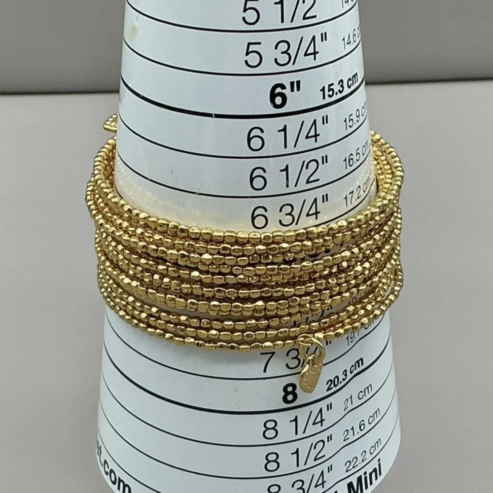 Bracelet Women Gold Tone Beaded Multi Strand Heart Charm Wrap Cuff 7.25 In